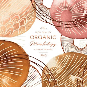Op de afbeelding: Abstracte aquarel clipart set met organische vormen in tinten van bruin, roze en wit. De vormen zijn omlijnd met dunne zwarte lijnen en hebben een textuurrijke, organische uitstraling. De tekst "Organic Morphology" is opgenomen in de afbeelding.