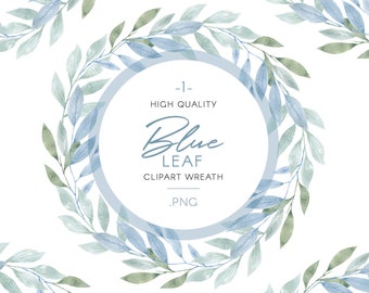 Lichtblauwe aquarel bladkrans clipart, handbeschilderd groen illustraties