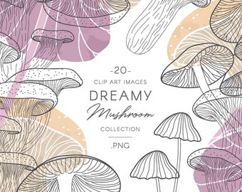 Clipart grzyba, grafika liniowa i kolorowe grzyby, ilustracja botaniczna