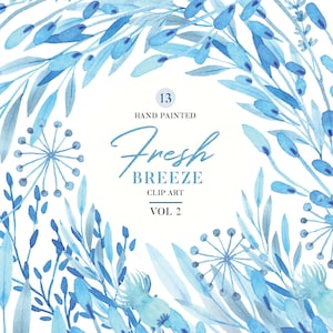 Sky blue Flower Clip art VOL 2, elementos florais e folhas pintados à mão em aquarela, ilustrações Fresh Breeze