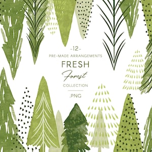 Arrangements pré-faits d'arbre de forêt d'aquarelle, ensemble de clipart de forêt verte, illustrations abstraites de nature par Belle Clipart