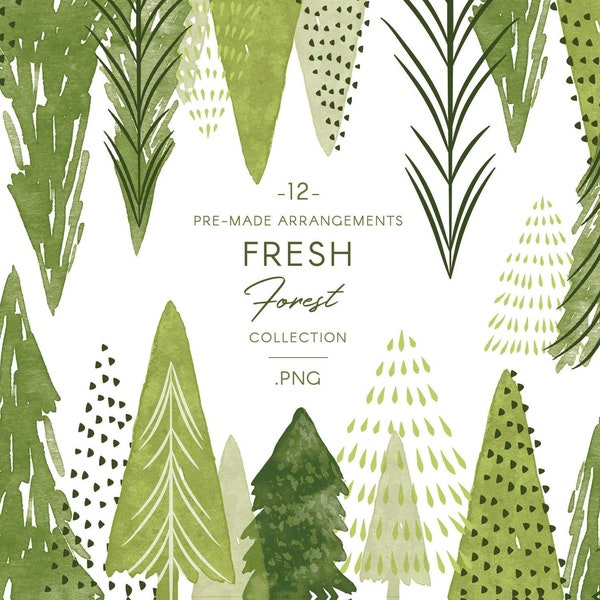 Watercolor forest tree pre made arrangements, green woodland clipart set, abstract Nature illustrations by Belle Clipart