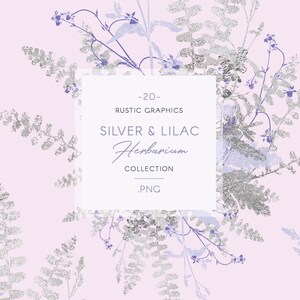 Clipart verdure lilas argenté, fleurs rustiques de mariage, clipart herbier