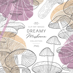 Image clipart champignon, dessin au trait et champignons colorés, illustration botanique