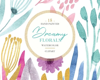 Op de afbeelding: Een set van 15 handgeschilderde aquarel-bloemenclipart-illustraties. De illustraties tonen een verscheidenheid aan bloemen en bladeren in tinten blauw, roze, paars, goud en groen. De tekst "Dreamy Florals" is geschreven in een decoratief lettertype op een gouden cirkel.