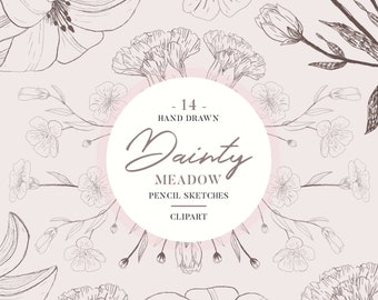 Hand Drawn Wildflower PNG Clipart: Floral Pencil Sketch Wreaths & Blooms for elegant wedding invites or DIY scrapbooking (Digital Download)