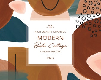 Modern boho collage clipart, Neutral abstract shapes, hand drawn & geometric, painted texture