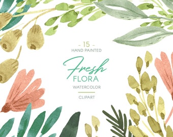 Fresh spring Floral clipart, watercolor flowers & foliage elements + wreath