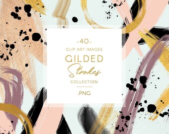 Puede incluir: Imágenes abstractas digitales de clip art en oro, rosa, negro y gris. La imagen incluye el texto "40 - Clip Art Images Gilded Strokes Collection .PNG".