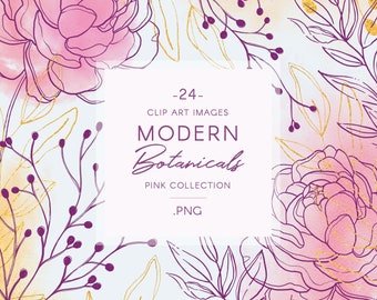 May include: A set of 24 digital clip art images featuring modern botanical illustrations in pink and gold. The images include peonies, leaves, and branches. The text "MODERN Botanicals PINK COLLECTION .PNG" is included in the image.