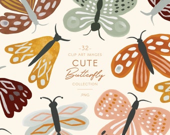 Watercolor Butterfly Clipart - pink, blue, orange, gray & yellow butterflies, cute boho animal nursery graphics