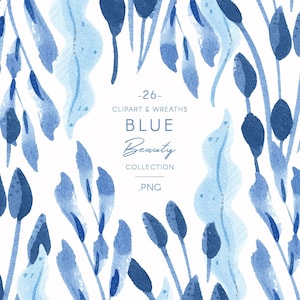 Blue Sea Greenery clip art in navy blue, leafy wreaths & frames