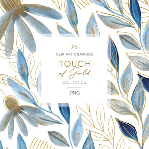 Gold & blau Aquarell Clip Art Set + rustikale goldene Strichzeichnungen, Touch of Gold