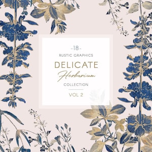Clipart herbier bleu or rustique, fleurs et couronnes aquarelles, herbier délicat vol2