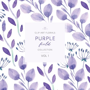 Clipart floral de fantasia de campo roxo, flores em aquarela violeta, folhas e guirlanda