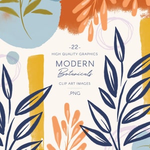 Folhagem moderna, formas geométricas e clipart com manchas de aquarela, gráficos de colagem abstrata