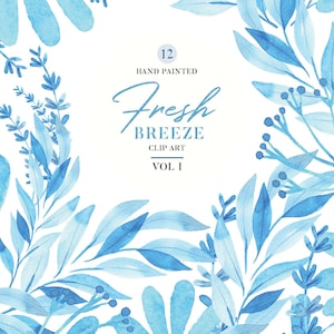 Clipart floral azul claro VOL 1, elementos de flores e folhas em aquarela pintados à mão, ilustrações Fresh Breeze