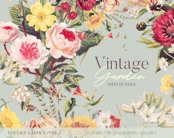 Vintage Floral Clipart Bundle, PNG Flower bouquets, frames & digital papers, Belle Clipart Boutique