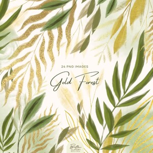 Watercolor Green & Gold Botanical Clipart: Ferns, Foliage (PNG Digital Download)