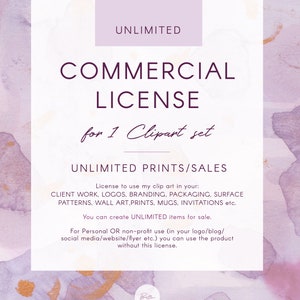 ONBEPERKTE commerciële licentie-add-on voor gebruik, 1000+ afdrukken/verkoop. Met deze licentie mag je ÉÉN clipartset gebruiken in ONBEPERKTE afdrukken/verkoop
