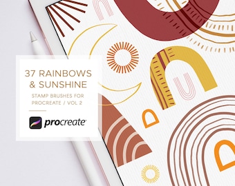 May include: A digital tablet displaying a colorful pattern of rainbows, suns, and abstract shapes. The text "37 RAINBOWS & SUNSHINE" is displayed on the screen, along with the text "STAMP BRUSHES FOR PROCREATE / VOL 2" and the Procreate logo.