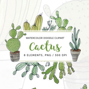 Imágenes prediseñadas de cactus doodle, conjunto de cactus de acuarela pintados a mano: ilustración botánica, imágenes prediseñadas de cactus, vegetación