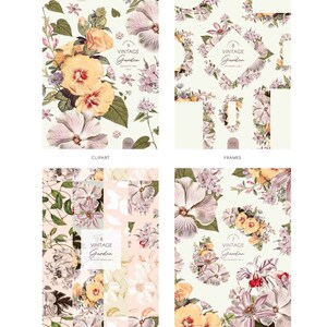 May include: A set of nine digital floral illustrations featuring a vintage garden theme. The illustrations include clipart, frames, digital papers, and flourishes. The illustrations are in a watercolor style and feature a variety of flowers, including roses, lilies, and daisies.