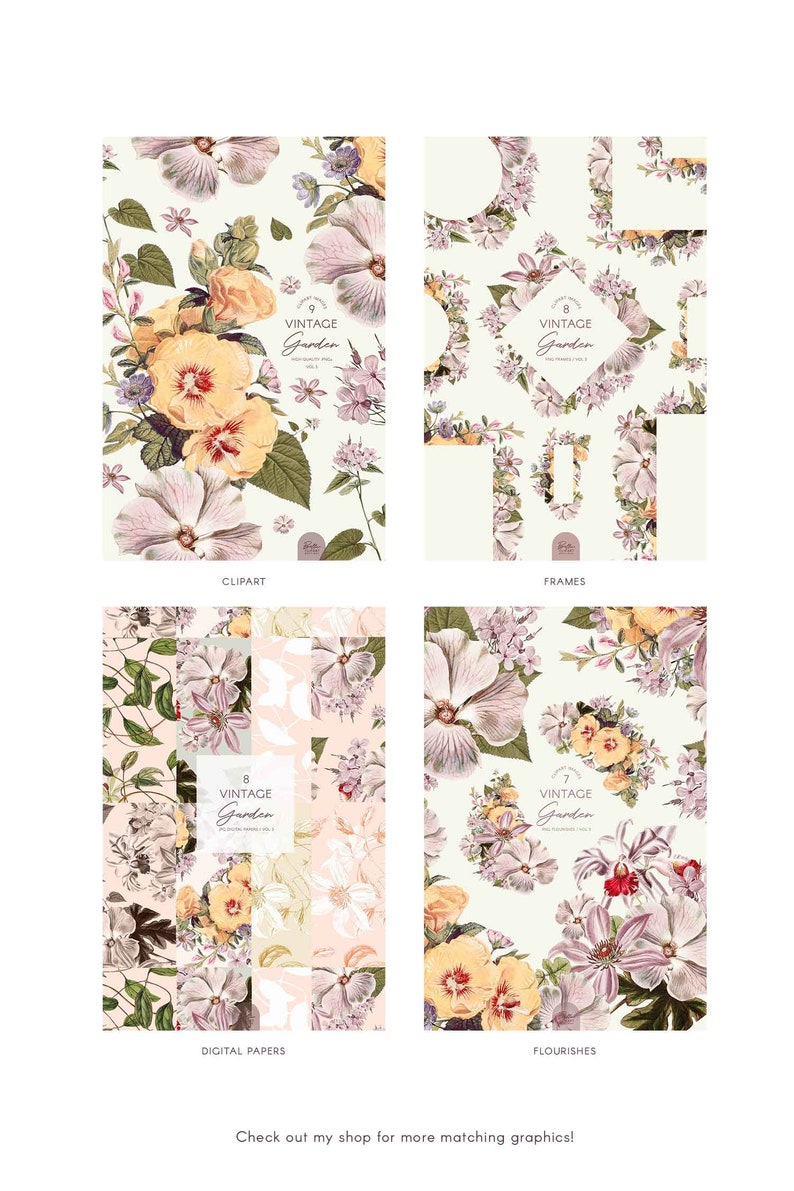 May include: A set of nine digital floral illustrations featuring a vintage garden theme. The illustrations include clipart, frames, digital papers, and flourishes. The illustrations are in a watercolor style and feature a variety of flowers, including roses, lilies, and daisies.