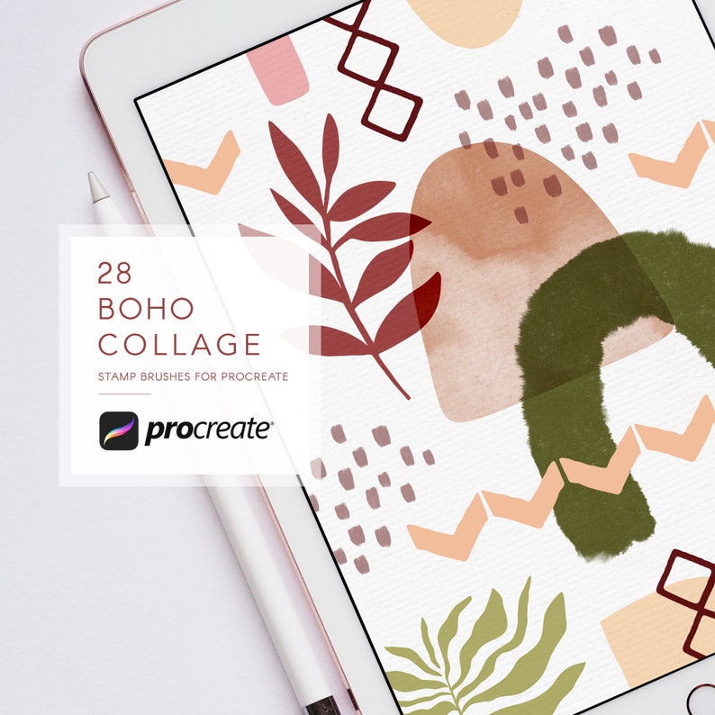 May include: A digital tablet displays a colorful boho collage design with abstract shapes and botanical elements. The text reads "28 Boho Collage Stamp Brushes for Procreate" with the Procreate logo and stylus.