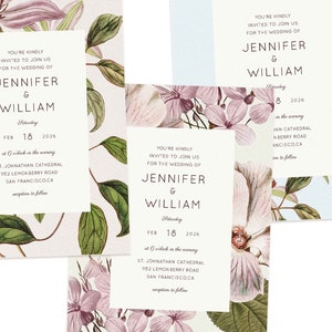 May include: Three floral wedding invitations with a pink and green floral design. The invitations are for Jennifer and William's wedding on February 18, 2026, at 6 o'clock in the evening at St. Johnathan Cathedral in San Francisco, California.