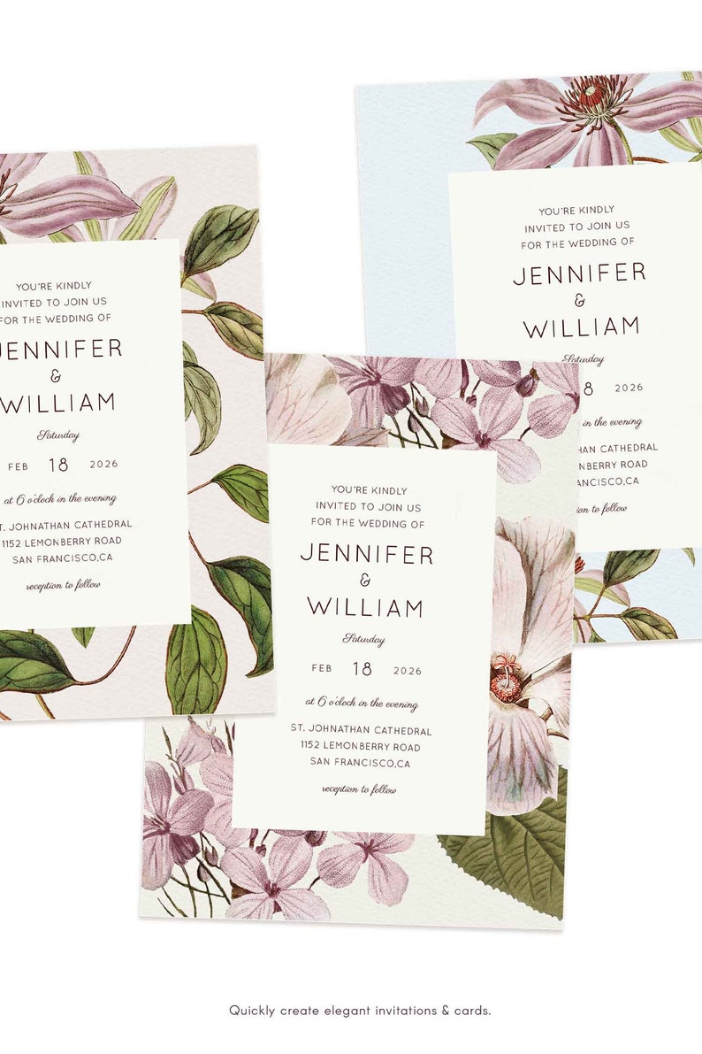 May include: Three floral wedding invitations with a pink and green floral design. The invitations are for Jennifer and William's wedding on February 18, 2026, at 6 o'clock in the evening at St. Johnathan Cathedral in San Francisco, California.