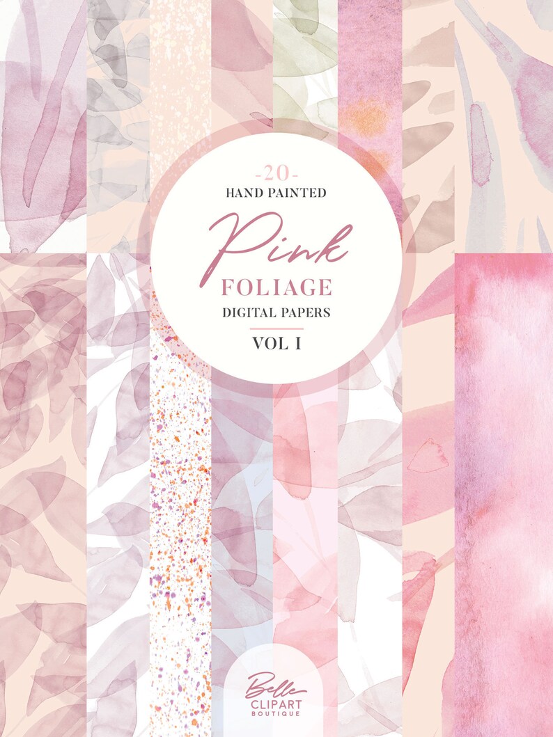 20 Botanical backdrops hand painted leaves pattern Abstract Pink foliage watercolor Digital Paper