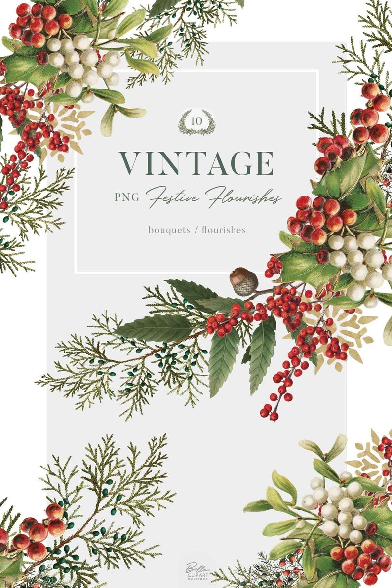 Vintage Christmas Clip Art, PNG Greenery Flourishes, Bouquets & Wreaths, Festive Winter 
