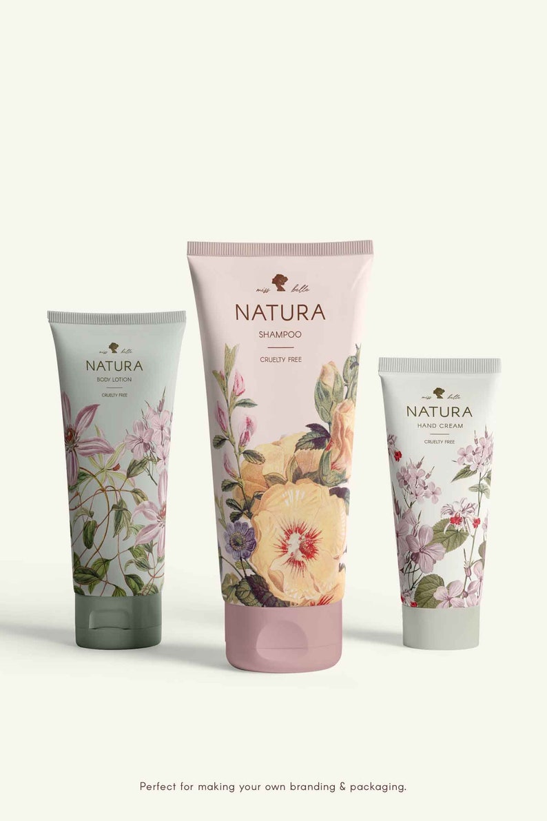 May include: Three white tubes of body care products with floral designs. The tubes are labeled "Natura" and say "Body Lotion", "Shampoo", and "Hand Cream". All three tubes say "Cruelty Free".