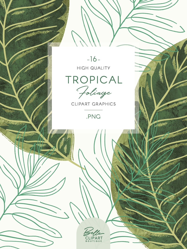 botanical line drawing /& wreaths hand painted leaf illustration Tropical Foliage clip art
