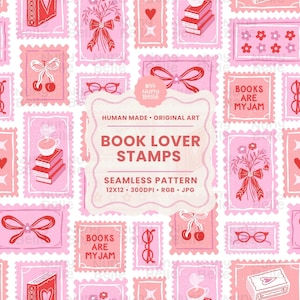 Bookish Stamp Seamless pattern- pastel coquette Digital paper for Commercial Use: hand drawn girly patchwork background for book lovers