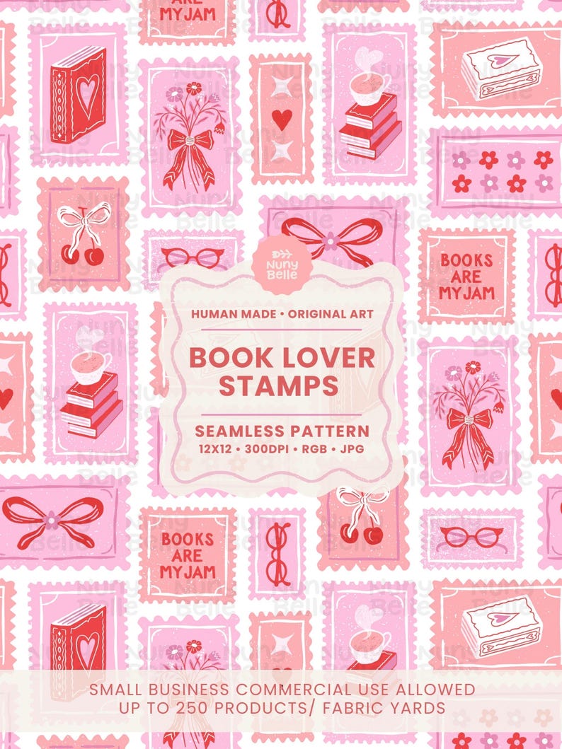 Bookish Stamp Seamless Pattern- Pastel Coquette Digital Paper for ...