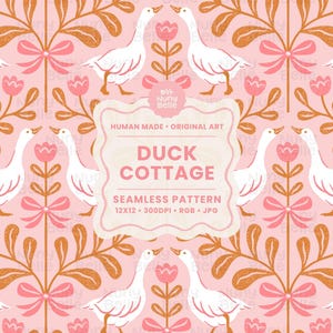 May include: Seamless pattern with white geese, pink bows, and stylized flowers on a light pink background. The design includes the text "DUCK COTTAGE" and "HUMAN MADE • ORIGINAL ART".