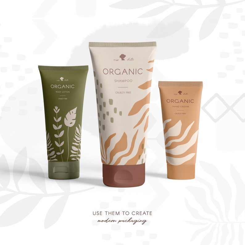 May include: Three tubes of organic body care products. The body lotion tube is olive green with white botanical illustrations. The shampoo tube is beige with brown abstract patterns. The hand cream tube is tan with brown wave patterns. The text "ORGANIC" is visible on each tube.