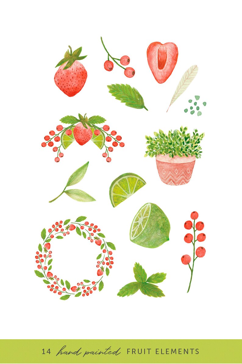 Strawberry & Lime Watercolor Fruit Clipart Set Fruits - Etsy