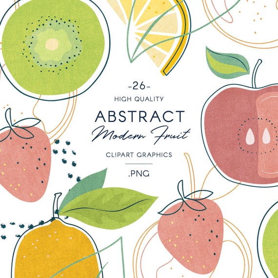 Watercolor fruits abstract clip art, modern illustrations & line art