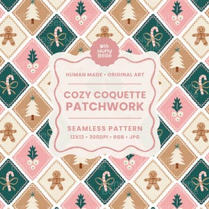 May include: A repeating seamless pattern with gingerbread men, Christmas trees, candy canes, and bows in a patchwork design. The colour scheme includes pink, teal, and tan. The text "COZY COQUETTE PATCHWORK" is displayed.