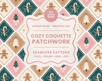 May include: A seamless pattern featuring a repeating design of gingerbread men, Christmas trees, candy canes, and bows in a patchwork style. The color palette includes pink, teal, and tan. The text "COZY COQUETTE PATCHWORK" is displayed.