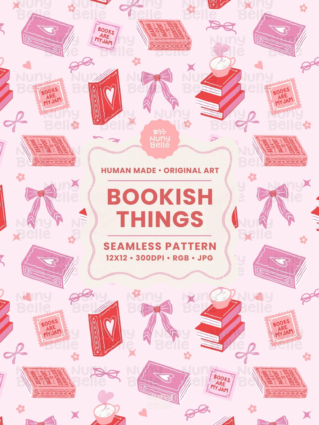 Coquette Bookish Seamless Pattern - Pastel Books, Bows, Quotes Digital ...