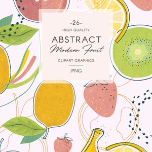May include: A set of 26 high quality abstract fruit clipart graphics in PNG format. The graphics feature a variety of fruits, including lemons, strawberries, kiwis, bananas, and apples, in a modern, abstract style. The fruits are depicted in a variety of colors, including yellow, red, green, and pink.