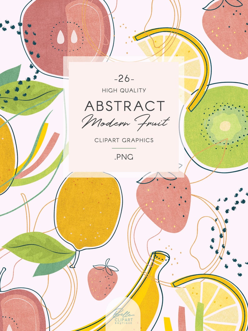 May include: A set of 26 high quality abstract fruit clipart graphics in PNG format. The graphics feature a variety of fruits, including lemons, strawberries, kiwis, bananas, and apples, in a modern, abstract style. The fruits are depicted in a variety of colors, including yellow, red, green, and pink.