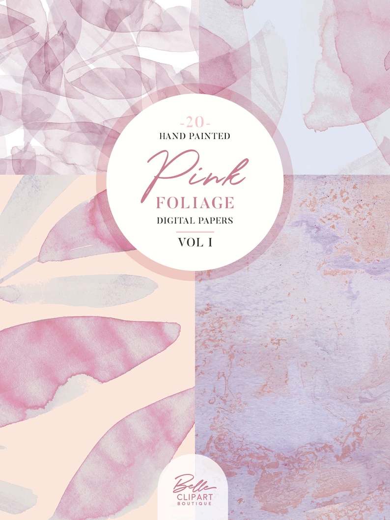 20 Botanical backdrops hand painted leaves pattern Abstract Pink foliage watercolor Digital Paper