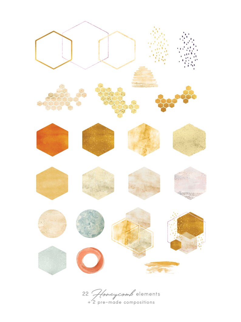 Watercolor Honeycomb Clip Art Geometric Shapes Transparent &amp; - Etsy