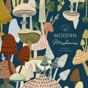 K&ouml;nnte beinhalten: Eine Sammlung von 42 modernen Pilzillustrationen in verschiedenen Farben und Mustern. Die Pilze sind in einem zuf&auml;lligen Muster auf einem dunkelblauen Hintergrund angeordnet. Der Text "CLIPART IMAGES 42 MODERN Mushrooms HIGH QUALITY PNG ILLUSTRATIONS" befindet sich am unteren Rand des Bildes.