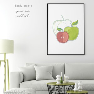 May include: A digital illustration of two apples, one red and one green, with the text "Easily create your own wall art." above the image.